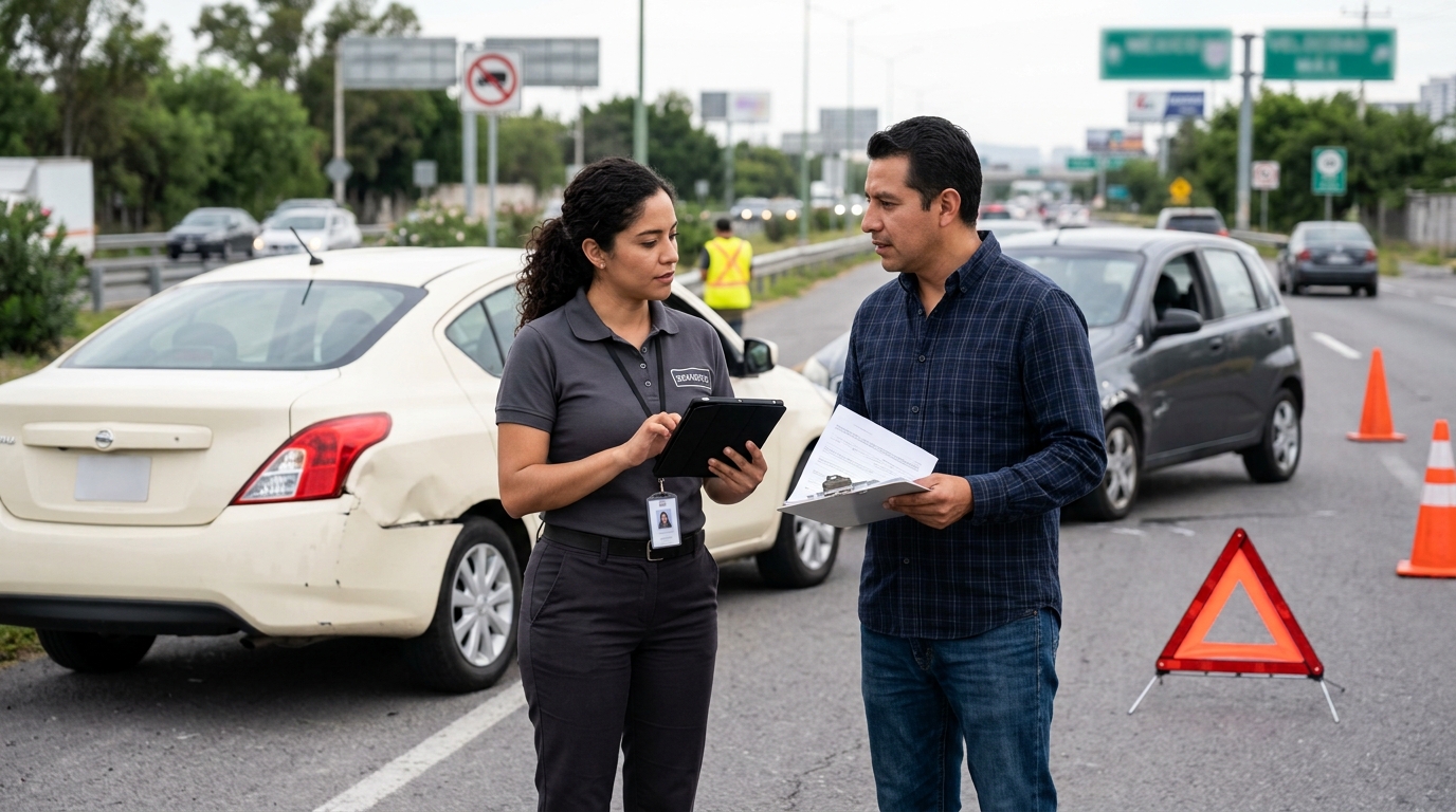 Ajustador revisando la póliza y el reporte de un conductor después de un accidente vial menor