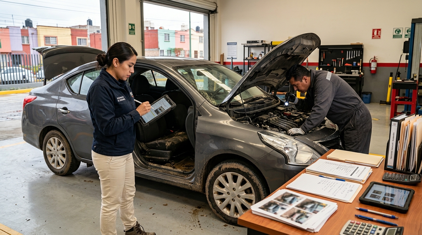 Ajustador y técnico inspeccionando el motor, sistema eléctrico e interiores de un automóvil inundado