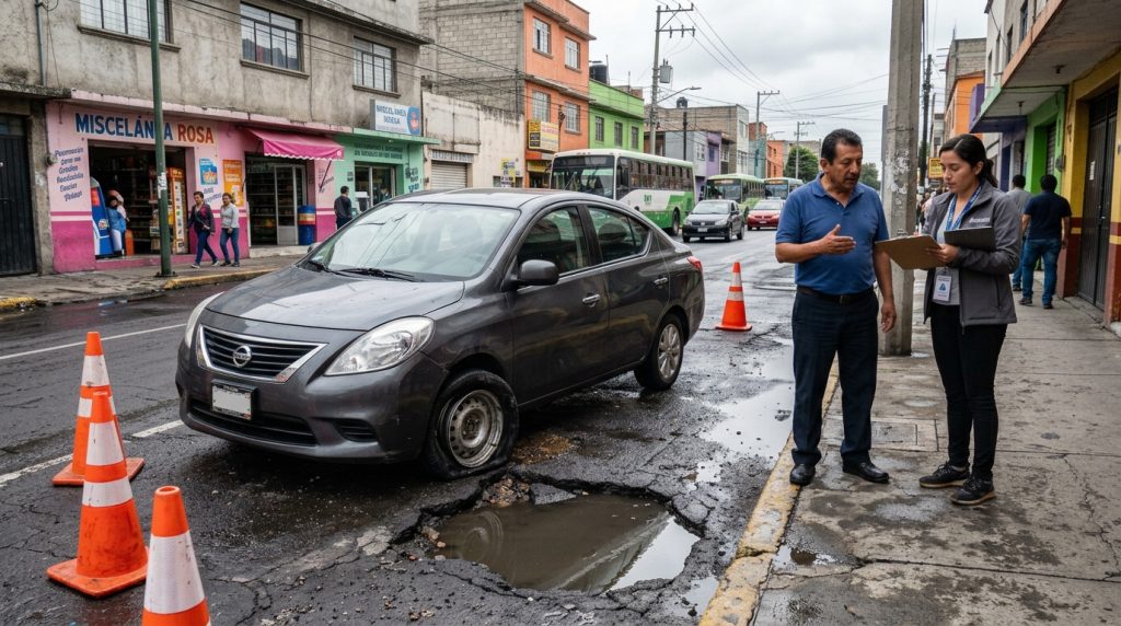 Automóvil dañado después de caer en un bache en México