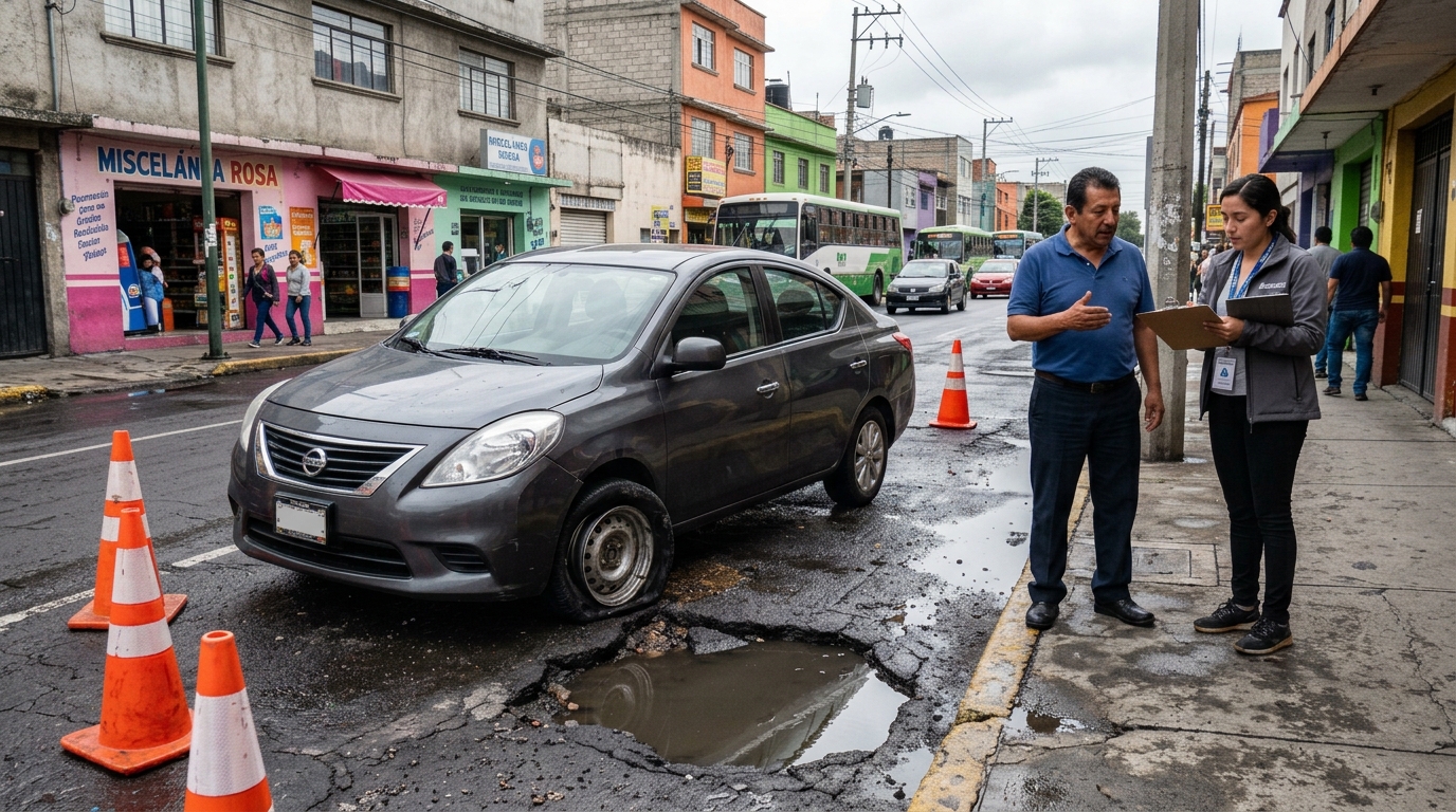 Automóvil dañado después de caer en un bache en México