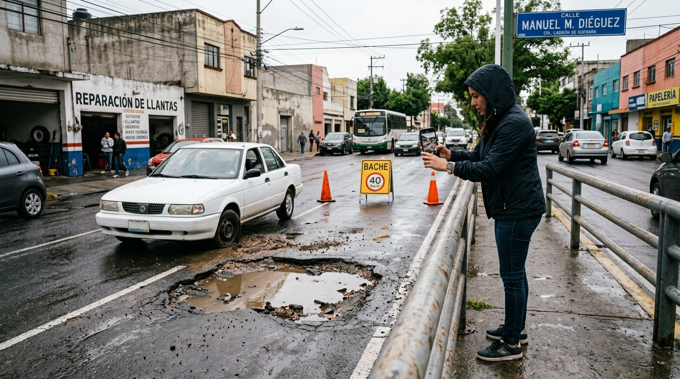 Conductor documentando un bache y los daños causados al vehículo