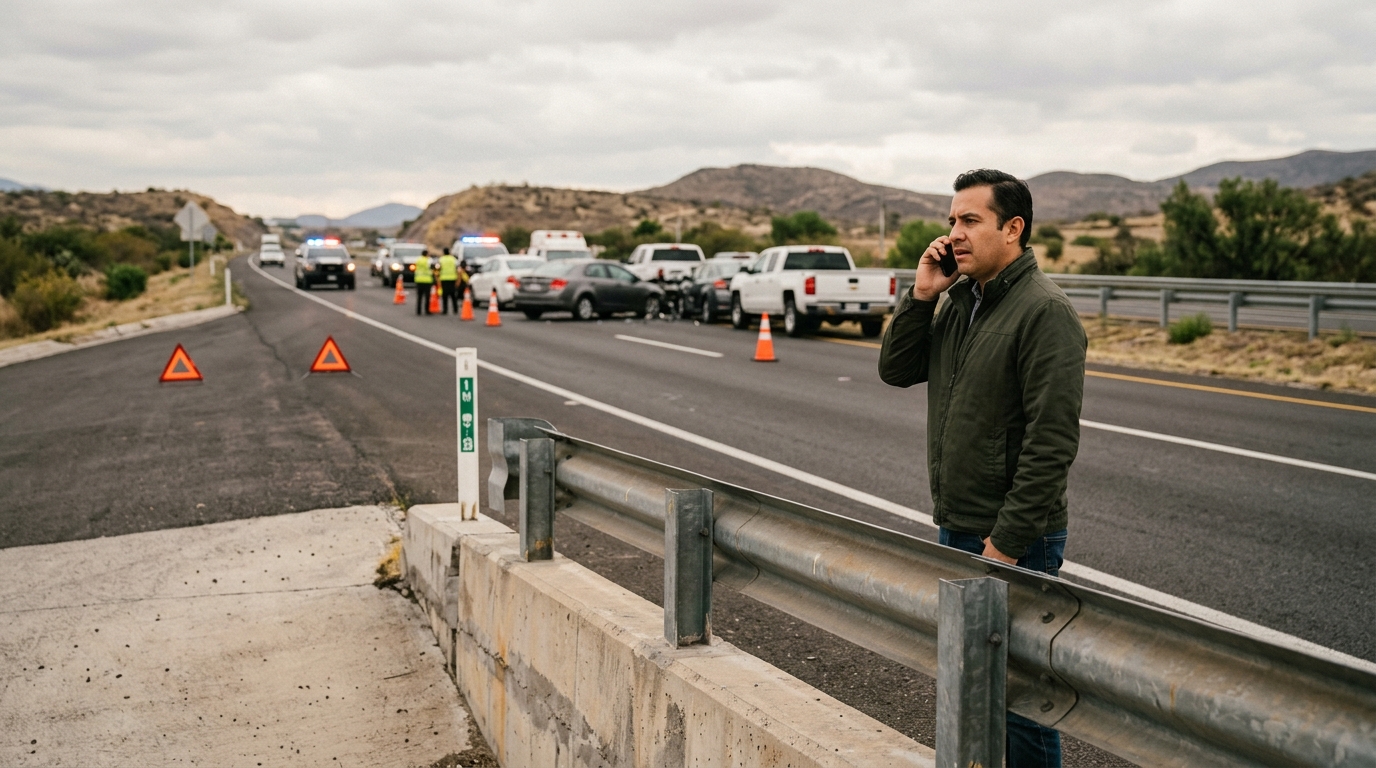 Conductor llamando a emergencias desde una zona protegida después de una carambola en carretera