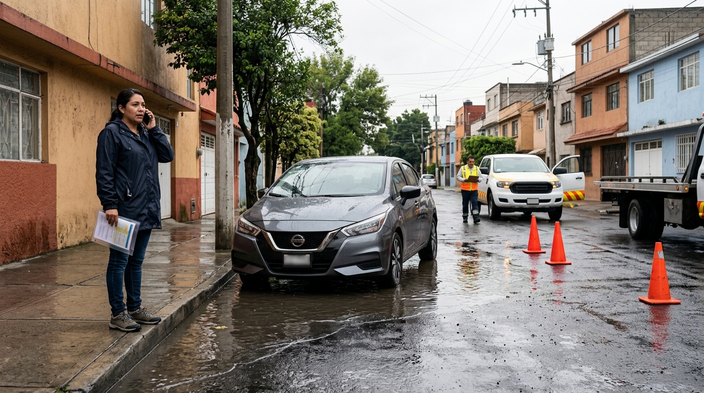 Conductor reportando a su aseguradora un automóvil afectado por una inundación urbana en México
