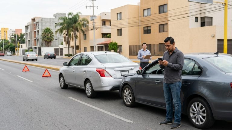 Conductor reportando un accidente vial menor mientras documenta los vehículos y espera la llegada del ajustador