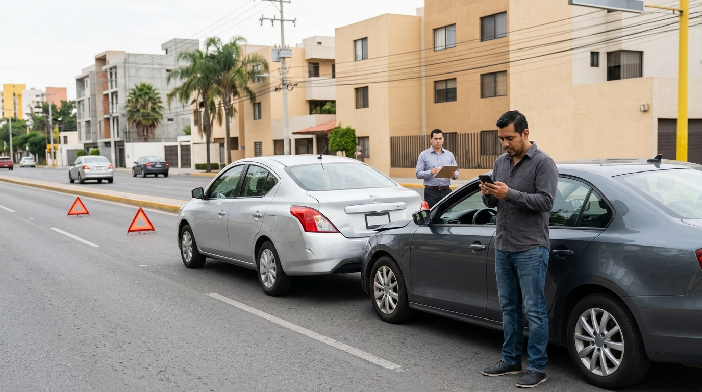 Conductor reportando un accidente vial menor mientras documenta los vehículos y espera la llegada del ajustador