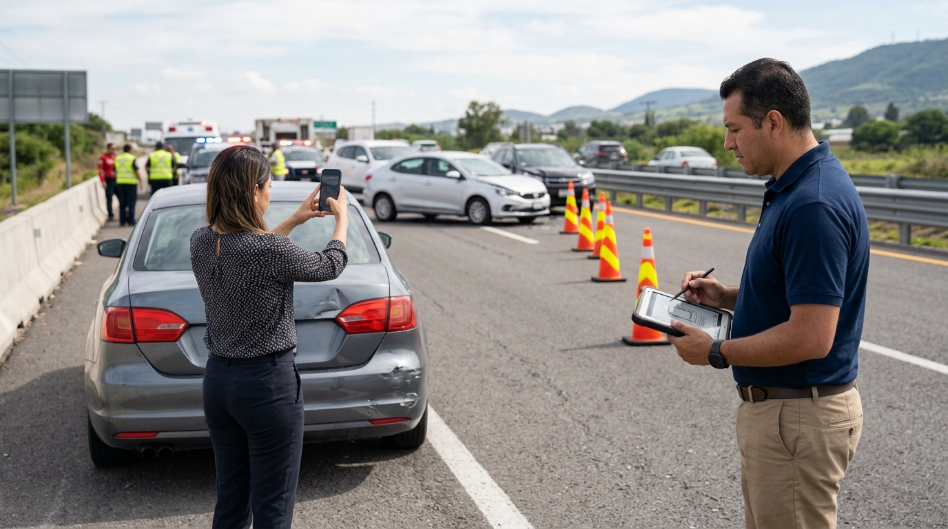 Conductor y ajustador documentando daños y posiciones de vehículos después de un choque múltiple