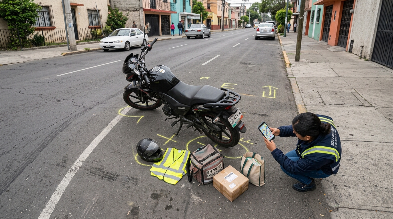Documentación fotográfica de una motocicleta, casco, mochila de reparto y pedido después de un accidente