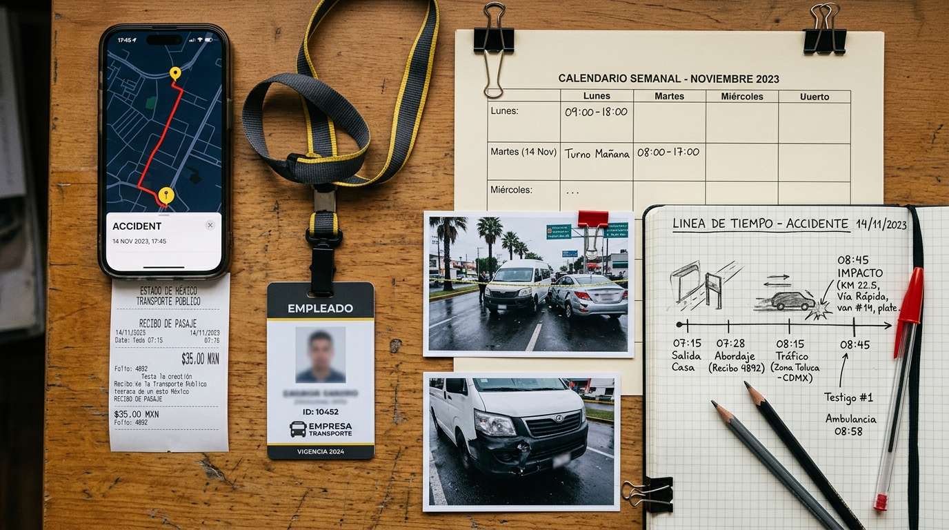 Documentos, ruta, horario laboral y fotografías utilizados para acreditar un accidente de trayecto