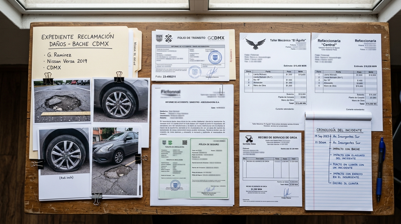 Expediente para reclamar daños vehiculares causados por un bache