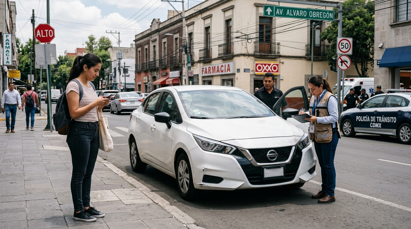 Pasajero reportando un accidente en un taxi de aplicación en México