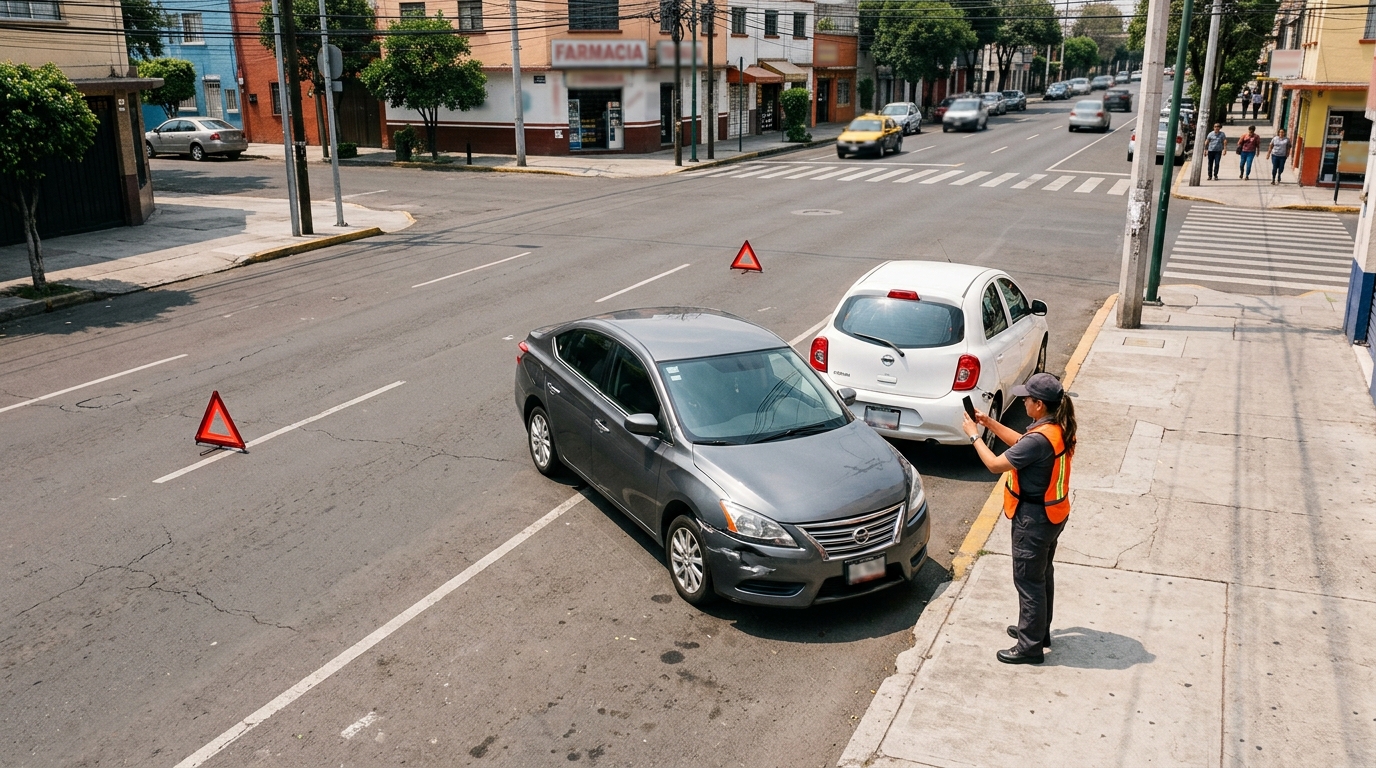 Persona fotografiando daños, placas y condiciones de la vía después de un accidente de tránsito