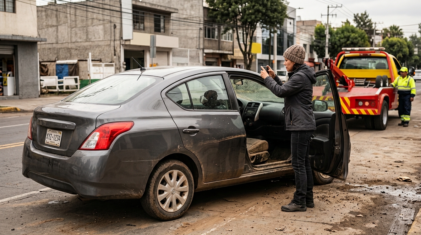 Propietario fotografiando la marca del agua y los daños interiores de un automóvil afectado por una inundación
