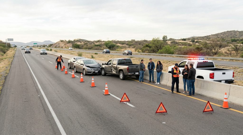 Servicios de emergencia asegurando una carretera después de un choque múltiple entre varios vehículos en México