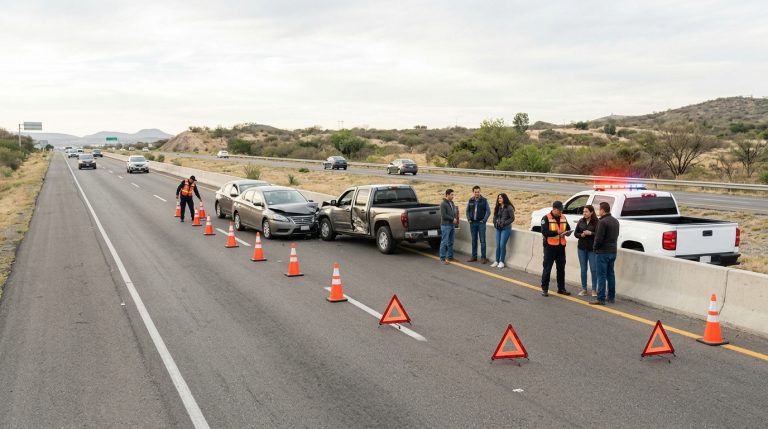 Servicios de emergencia asegurando una carretera después de un choque múltiple entre varios vehículos en México