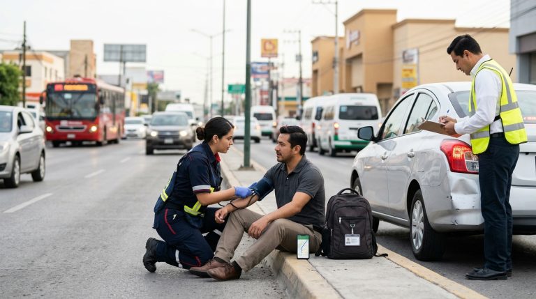 Trabajador recibiendo atención y documentando un accidente ocurrido durante su traslado al centro laboral