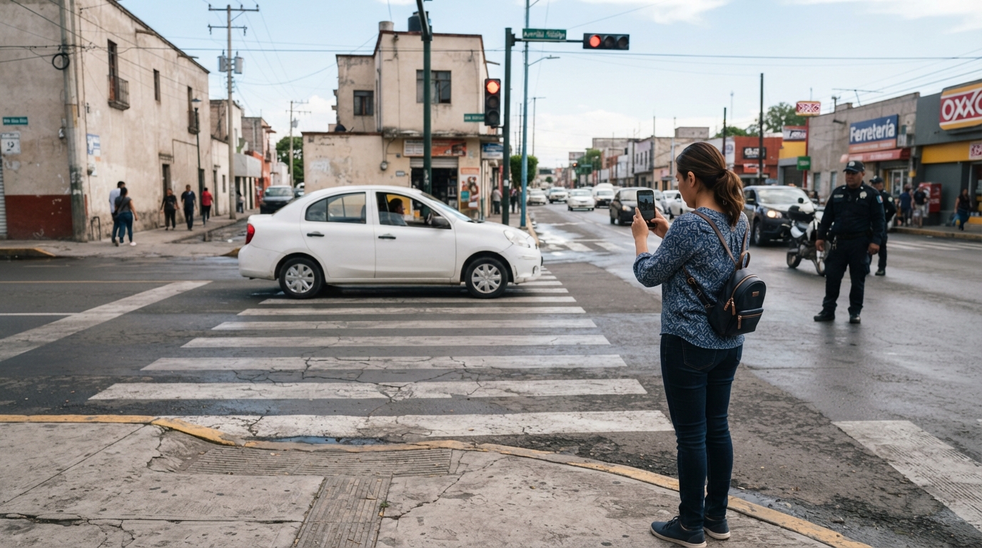 Documentación de cruce peatonal y evidencia después de un atropellamiento en México